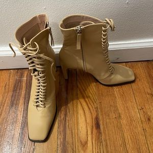 Laced leather high heel ankle boots cream white